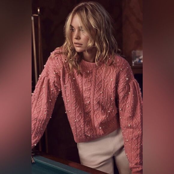 Something Navy Shelby Wool Blend Chunky Cable Knit Pearl Pink Sweater Large - Picture 1 of 8